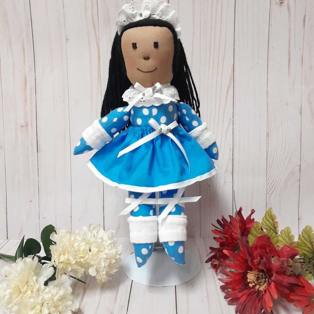 Ballerina Black Girl Doll Blue white poka-dot outfit NWT Size:13.5" Handmade - Picture 2 of 4